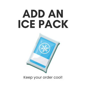 Reusable  ice pack with text overlay “Add an Ice Pack – Keep Your Order Cool!” for temperature-sensitive product shipping.