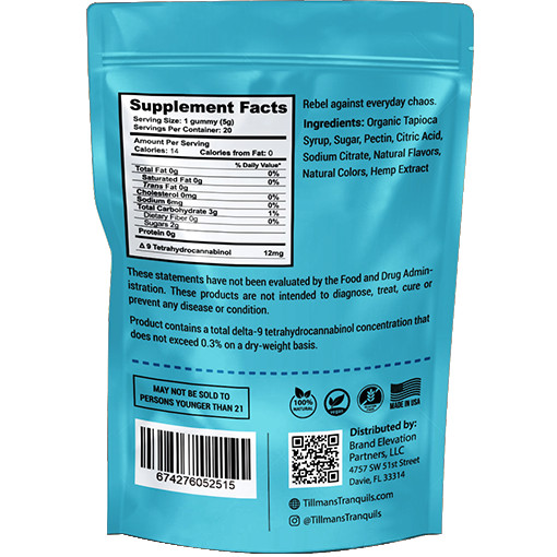 Back of Tillmans Tranquils Blue Dream THC Gummies bag showing supplement facts, ingredients, dosage guidance, and product certifications. Contains 12 mg THC per gummy.