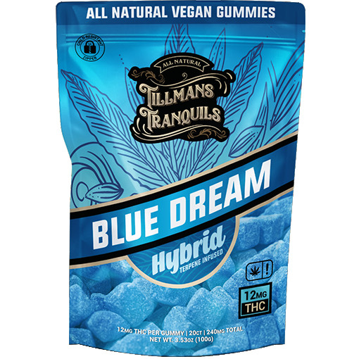Tillmans Tranquils Blue Dream Hybrid THC Gummies – 12 mg THC per gummy, all-natural vegan edibles with sativa-dominant strain effects and terpene-infused formulation.