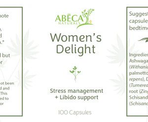 ABĒCA Naturals Women’s Delight herbal capsule bottle and front label.
