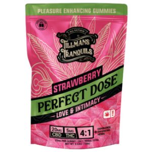 Tillmans Tranquils Strawberry Perfect Dose Love & Intimacy Gummies – 20 mg CBD and 5 mg THC per gummy, pleasure-enhancing formula in a 4:1 ratio, labeled as psychoactive and designed to support romantic connection.