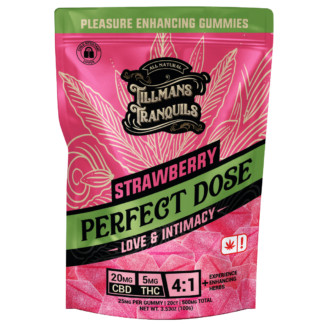 Tillmans Tranquils Strawberry Perfect Dose Love & Intimacy Gummies – 20 mg CBD and 5 mg THC per gummy, pleasure-enhancing formula in a 4:1 ratio, labeled as psychoactive and designed to support romantic connection.