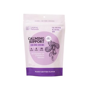 Lazarus Naturals Calming Support CBD Dog Chews peanut-butter-flavor pouch, front view.
