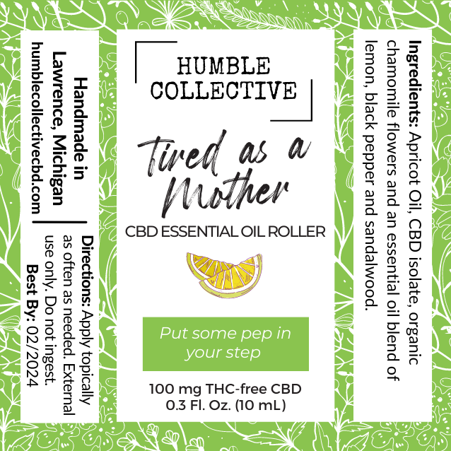 Tired as a Mother CBD Roller with lemon, black pepper, and sandalwood essential oils for natural energy