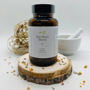 ABĒCA Naturals Sea Moss Blend capsule bottle with botanical decorations.