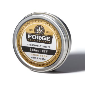Forge Hemp Company Lemon Delta-9 THCV Tablets tin labeled “480mg THCV” and “Lemon Drop” with 48 chewable tablets. Silver metal container with gold-accented label.