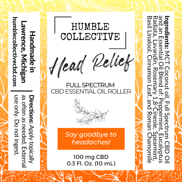 Humble Collective Head Relief CBD roller flat label with ingredients and product details.