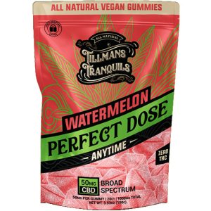 Tillmans Tranquils Juicy Watermelon Perfect Dose Broad Spectrum CBD Gummies bag – 50 mg CBD per gummy, THC-free, vegan, and made with all-natural fruit-based ingredients.