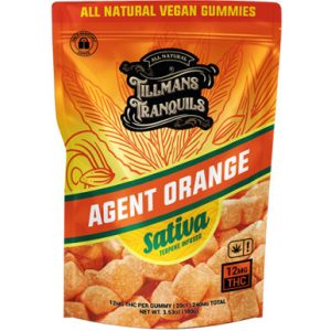 Front of Tillmans Tranquils Agent Orange Sativa THC Gummies pouch with bold orange and yellow design, labeled "All Natural Vegan Gummies" and "12 mg THC", featuring leaf graphics and gummy visuals.
