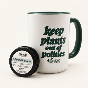Humble Collective CBD Matcha Green Tea tin with mug