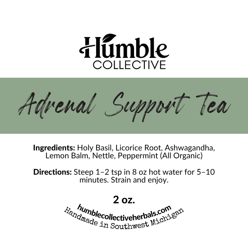 Adrenal Support Tea (organic) — 2 oz — flat label showing ingredients and brewing directions
