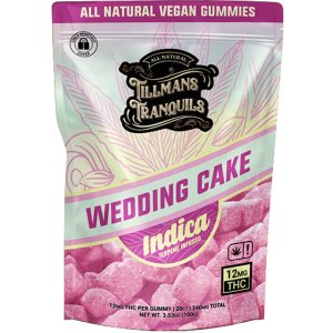 Tillmans Tranquils Wedding Cake Indica THC Gummies – 12 mg THC per gummy, all-natural vegan gummies with a terpene-infused hybrid strain profile and fruity flavor blend.