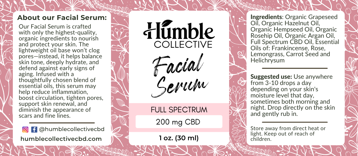 Humble Collective CBD Facial Serum — 30 mL flat label with product information.