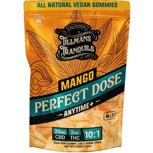 Tillmans Tranquils Mango Perfect Dose Anytime+ Gummies – 20 mg CBD and 2 mg THC per gummy, 10:1 ratio, vegan, organic, and part of the hemp-derived CBD product line.