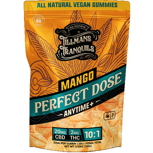 Tillmans Tranquils Mango Perfect Dose Anytime+ Gummies – 20 mg CBD and 2 mg THC per gummy, 10:1 ratio, vegan, organic, and part of the hemp-derived CBD product line.