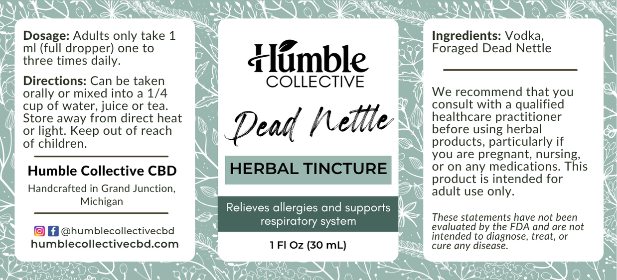 Dead Nettle Herbal Tincture — 30 mL — flat label with ingredients, directions and precautions
