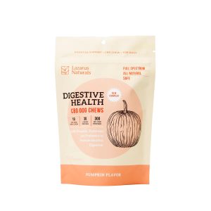 Front of Lazarus Naturals Digestive Health CBD Dog Chews package in pumpkin flavor, showing full spectrum hemp, 10 mg CBD per chew, and 30 chews per bag.