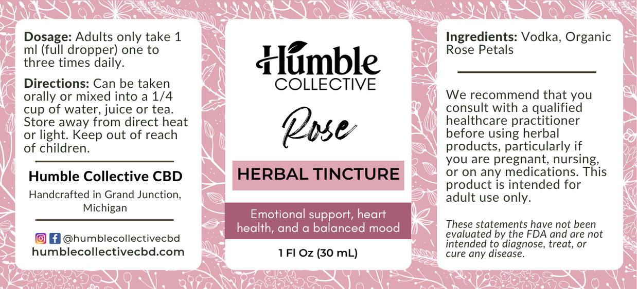 Rose Herbal Tincture — 30 mL — flat label with ingredients, directions and precautions