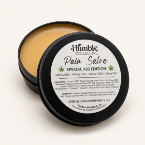 Humble Collective Special 420 Edition Pain Salve, open 1 oz tin with labeled lid