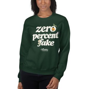 Zero Percent Fake Printed Crewneck in Forest Green on the approved Printful model