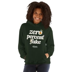 Zero Percent Fake Printed Hoodie in Forest Green on the approved Printful model