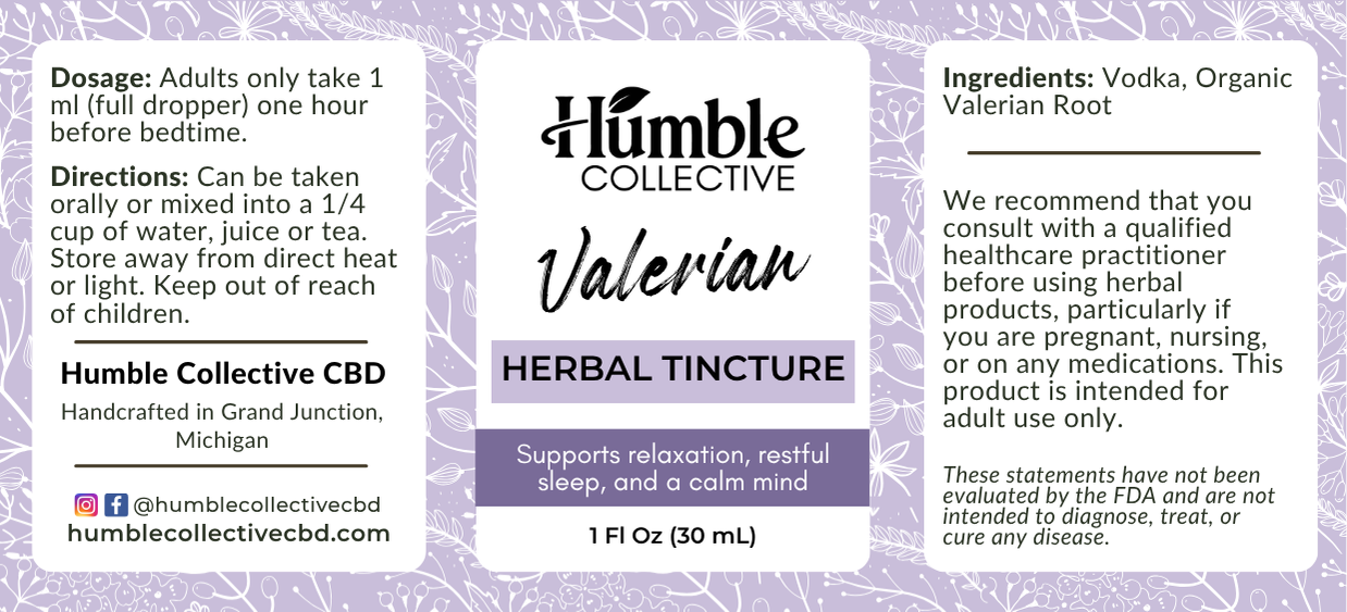 Valerian Root Herbal Tincture — 30 mL — flat label with ingredients, directions and precautions
